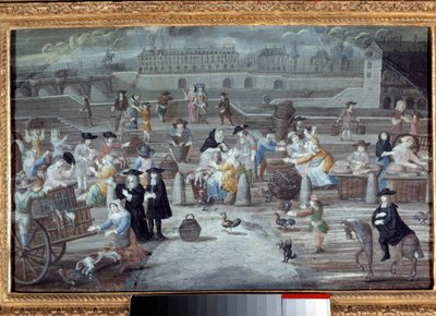 Mercado de aves y pan, muelle de los Grandes Agustinos en París en 1660. Pintura anónima francesa de French School