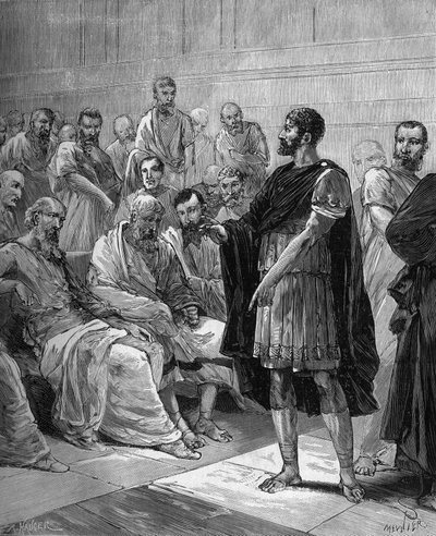 Marco Atilio Régulo ante el Senado Romano - El cónsul romano Marco Atilio Régulo (alrededor de 256 a.C.) ante el Senado Romano - en “Historia popular de la ciencia, invenciones y descubrimientos desde los primeros siglos hasta el presente” por Bitard Adolp de French School