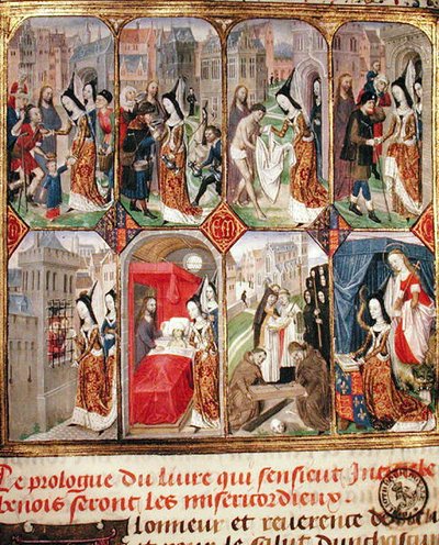 Margarita de York (d.1503) tercera esposa de Carlos el Temerario (1433-77) Duque de Borgoña, realizando actos de caridad, de 