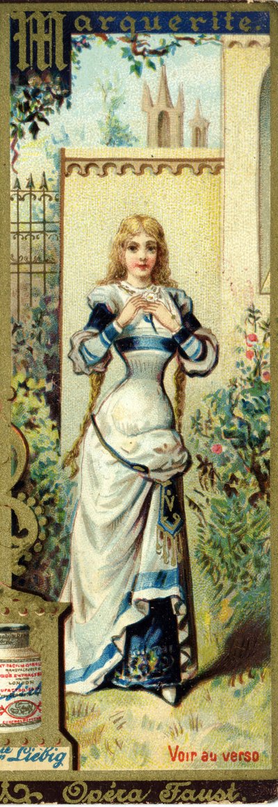 Margarita en la ópera Fausto de Charles Gounod creada en 1859, después de la obra de Johann Wolfgang von Goethe. Alfabeto de nombres femeninos sobre el tema: trajes femeninos y óperas. Cromolitografía publicitaria de Liebig de French School