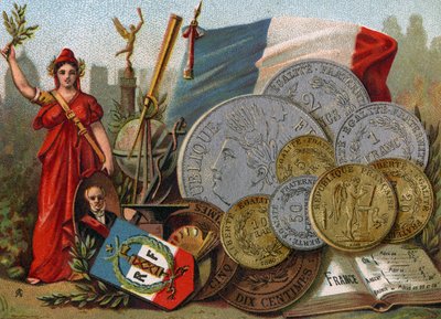 Marianne junto a la bandera tricolor francesa, un globo y un telescopio y una exhibición de francos, c.1890 de French School
