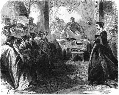 María Estuardo (1542-1587) durante su juicio en 1587. En “Histoire de la France”, grabado del siglo XIX. de French School