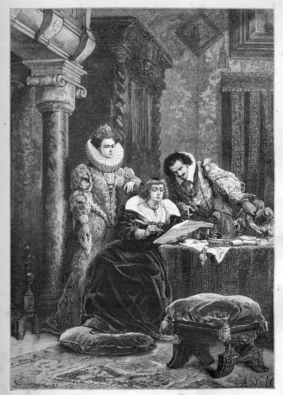 María de Médici con sus amigos e influyentes italianos y confidentes Leonora Dori conocida como Galigai (1571-1617) y su esposo Concino Concini (circa 1575-1617) de French School