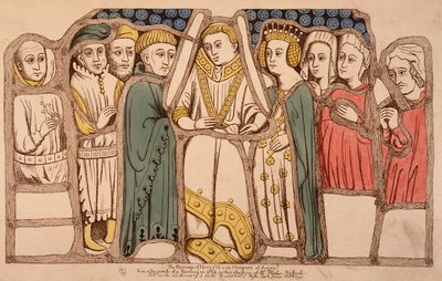Matrimonio de Enrique VI de Inglaterra (1421 - 1471) y Margarita de Anjou (1429 - 1482) en 1445. Grabado de 1793. Bibl. de Artes Decorativas en París. de French School