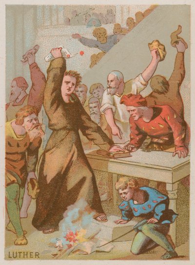 Martín Lutero quemando la bula papal que prohibía sus obras de French School