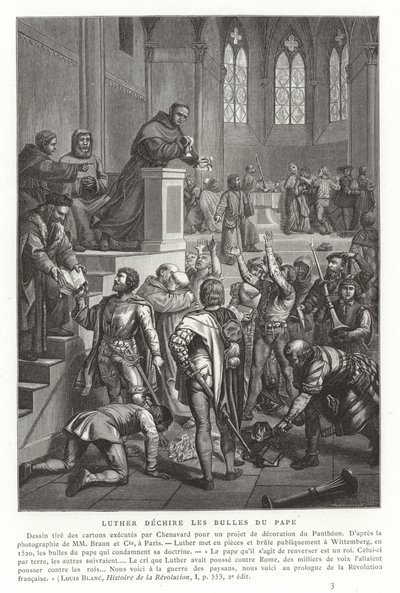 Martín Lutero rompiendo las bulas papales, Wittenberg, Alemania, 1520 de French School