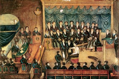 Ceremonia de iniciación masónica de un hombre masón, principios del siglo XIX de French School