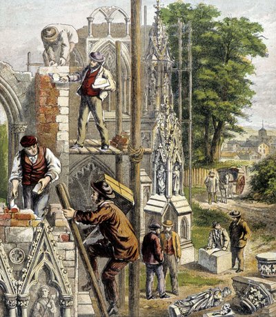 Albañiles en el sitio de construcción de una catedral - en “Tienda de los niños pequeños”, “Los oficios”, Hachette, circa 1900 de French School