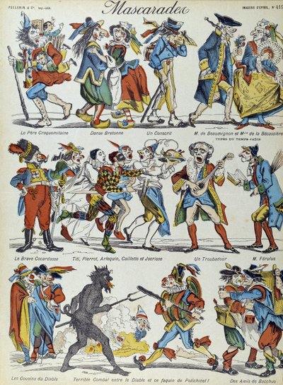 Mascarada: personajes caricaturescos enmascarados - Imagen de Epinal de French School
