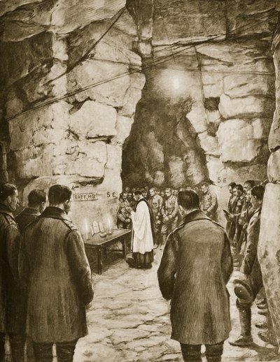 Misa antes de la batalla en las cuevas francesas, 1914-19 de French School