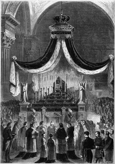 Misa celebrada en la Iglesia de la Madeleine, en París, el 21 de noviembre de 1861, en memoria del Rey Pedro V (Pedro V) y su hermano, Fernando (Fernando) de Portugal. Grabado en "Le Monde Illustré" n°242 del 30 de noviembre de French School