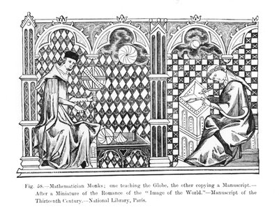 Monjes matemáticos: uno enseñando el globo, el otro copiando un manuscrito, del manuscrito Imagen del Mundo, ilustración de Ciencia y Literatura en la Edad Media y el Renacimiento de French School