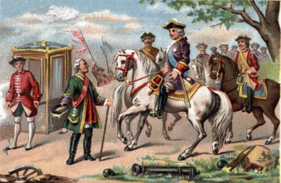 Mauricio de Sajonia, mariscal de Sajonia (1696-1750), victorioso en la batalla de Fontenoy, se reunió con Luis XV de Francia (1710-1774). Cromolitografía alrededor de 1890. de French School