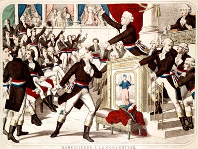 Maximiliano Robespierre en la Convención (Sesión del 19 de Thermidor 1794), Jean Lambert (Jean-Lambert) Tallian amenaza a Robespierre con un cuchillo - Grabado popular de la época de French School