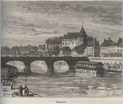 Mayenne es una comuna en el oeste de Francia en la región de Países del Loira - grabado en “La France illustree: geographie, histoire, administración statistique” por V.-A. Malt-Brown. 1884 de French School