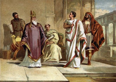 Encuentro entre el Emperador Flavio Julio Valente (328-378) emperador romano y San Basilio de Cesarea o Basilio el Grande (330-379), obispo y padre de la Iglesia. Cromolitografía de finales del siglo XIX de French School