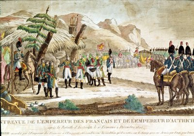 Encuentro del Emperador Napoleón I y el Emperador de Austria, Francisco II (1768 - 1835) después de la Batalla de Austerlitz el 2/12/1805 de French School