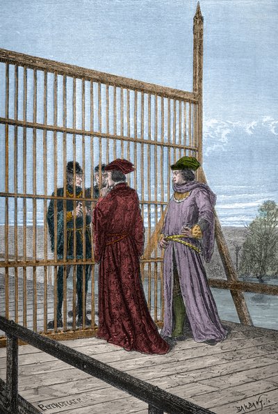 Encuentro del Rey Eduardo IV y Luis XI de Francia en Pecquigny - Tratado de Picquigny (departamento del Somme) el 29 de agosto de 1475 entre Luis XI y Eduardo IV que pone fin a la Guerra de los Cien Años - grabado en 