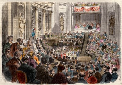 Reunión de la Academia Francesa el 23 de abril de 1868. Recepción de Monsieur Jules Favre (1809-1880), político francés. Grabado en “L
