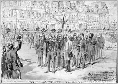 Miembros del gobierno provisional revisando a la Guardia Nacional frente al Hotel de Ville en París el 31 de octubre de 1870, c.1870 de French School