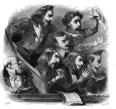 Miembros del movimiento literario romántico asistiendo a la primera representación de la obra de Victor Hugo “Hernani” (1802-1885) en la Comédie-Française en París, 25 de febrero de French School
