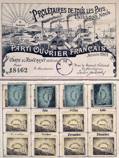 Tarjeta de membresía del Partido Obrero Francés durante el liderazgo de Jules Guesde (1845-1922) 1901 de French School