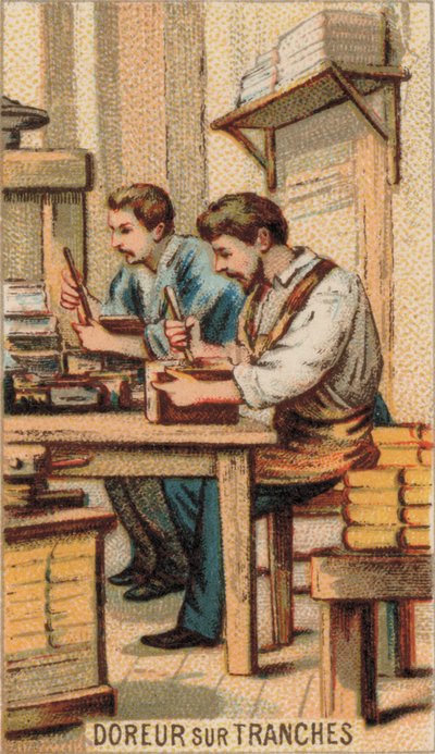 Hombres dorando libros con oro (cromolito) de French School