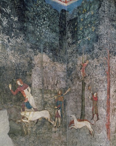 Hombres cazando con perros, (detalle) de La Chambre du Cerf (Sala del Ciervo) 1343 de French School