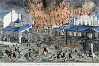 Hombres intentando apagar el fuego de la ópera de París en 1763. de French School