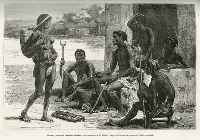 Hombres, mujeres y utensilios (región de Bihe, Ruanda). Grabado de D.Maillart, para ilustrar el relato Cómo crucé África, del Océano Atlántico al Océano Índico, del comandante Serpa Pinto, en 1877-1878, publicado en el Tour du monde, bajo la dirección de E de French School
