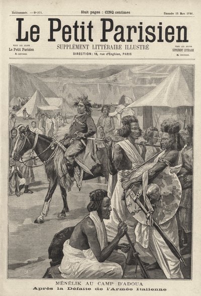 Menelik II, Emperador de Etiopía, en el campamento de Adwa después de la derrota del ejército italiano, Primera Guerra Italo-Etíope de French School