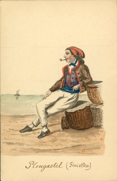 Traje masculino de Plougastel, Finistere (litografía en color) de French School