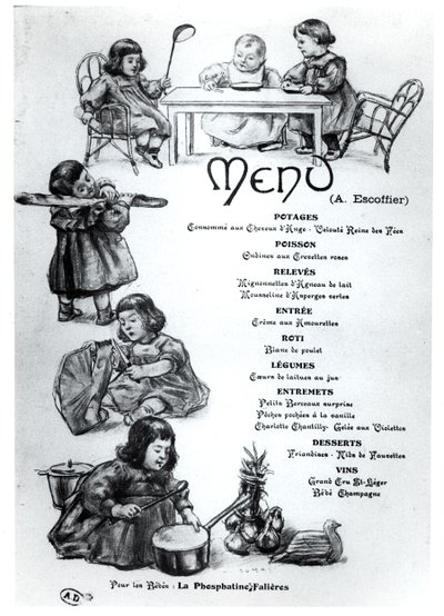 Menú creado por Auguste Escoffier para Niños y Bebés, c. 1900 de French School