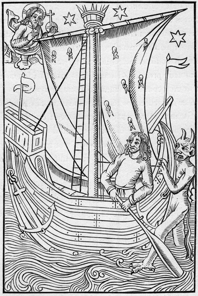 Barco mercante de la Edad Media en medio de los peligros del mar. Grabado en “La Marine et les colonies: commerce” de French School