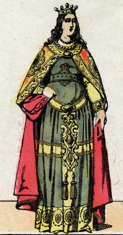 Dinastía merovingia: Retrato de la reina Clotilde esposa de Dagoberto III (699-715). Imagen de Épinal de finales del siglo XIX. Colección privada. de French School