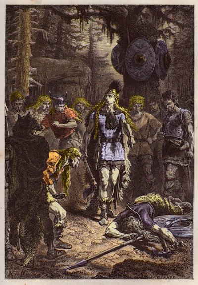 Merovingios: Clovis I derribando al soldado que rompió el vaso de Soissons, en 486 - Clovis (465-511) y el guerrero franco que rompió el Vaso de Soissons en 486 - grabado de "L