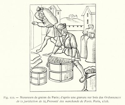 Medidores de granos de París; según un grabado en madera de las Ordenanzas de la jurisdicción de la Prevosté de los comerciantes de París, París de French School