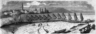 Fenómeno meteorológico: desecación del Rin en 1858. Vista del Puente de Kehl (Alemania), tomada río abajo de la costa francesa. Grabado en "Le Monde Illustré" n°50 del 27 de marzo de 1858. de French School