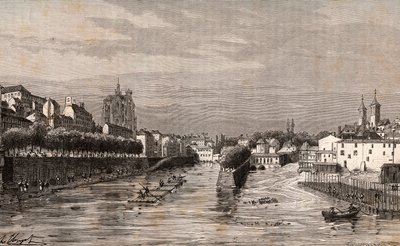 Metz - vista del puerto Saint-Georges - Moselle - grabado en “La France illustrée: géographie, histoire, administration statistique” por V.A. Malt-Brown. 1884 de French School