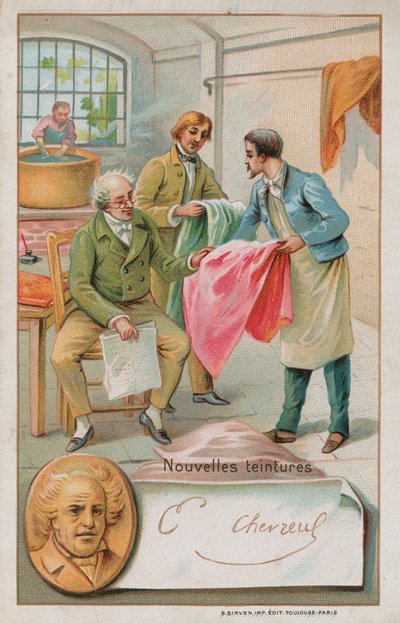 Michel Eugene Chevreul, químico francés (1786-1889), inspeccionando algunos tintes nuevos de French School
