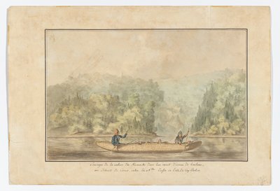 Micmacs en su canoa de corteza de abedul; Estrecho de Canso entre Nueva Escocia y la isla de Cabo Bretón de French School