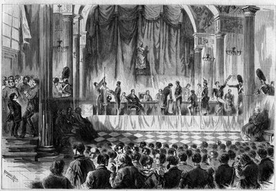 Reclutamiento militar: sorteo de conscriptos de 1858, en la sala Saint Jean del Ayuntamiento de París. Grabado en “Le Monde Illustré” n°44 del 13 de febrero de 1858. de French School