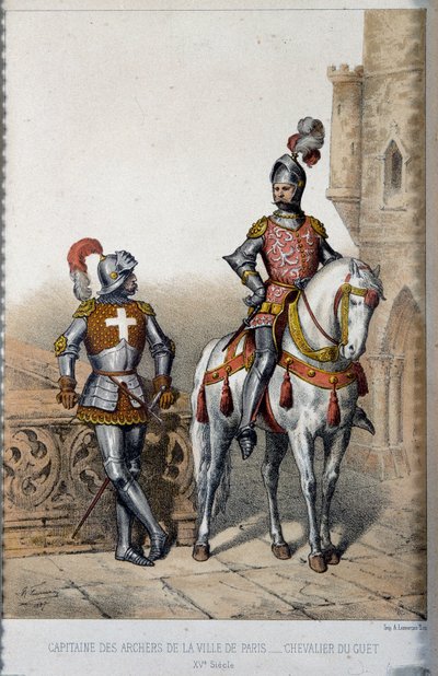 Uniforme militar: capitán de los arqueros de la ciudad de París y caballero del vigía en el siglo XV. Litografía del siglo XIX de French School