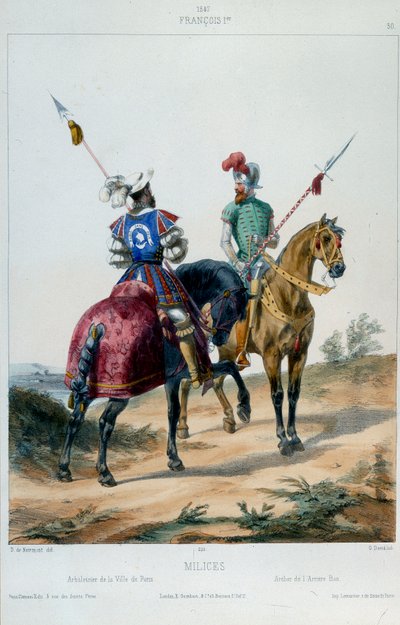 Uniformes militares: milicias bajo Francisco I, ballestero de la ciudad de París y arquero del ban de retaguardia en 1547. Litografía del siglo XIX de French School