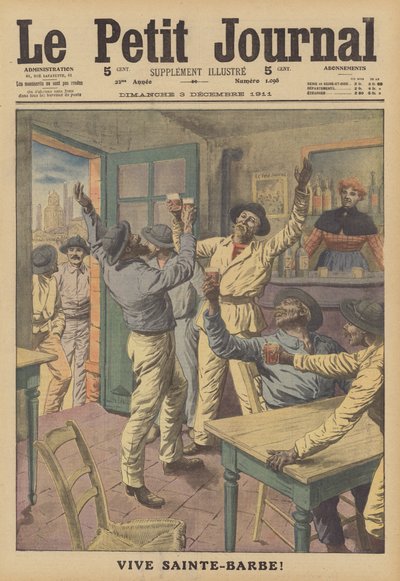 Mineros brindando por Santa Bárbara, su santa patrona (litografía a color) de French School