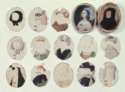 Miniatura para transformaciones que comprende un estuche con retrato pintado de una niña y tiras de mica pintadas que se ensamblan para cambiar el retrato (marfil, mica y pintura) de French School
