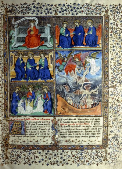 Miniatura que representa el Reino de los Cielos antes de la creación: Sapientia, la Trinidad y la Expulsión de Lucifer del Cielo, c.1410 de French School
