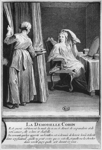 Curación milagrosa de la parálisis y el cáncer de Demoiselle Coirin, en la tumba del diácono François de Paris en el cementerio parroquial Saint-Médard en París, ilustración de La verité des miracles de M de French School
