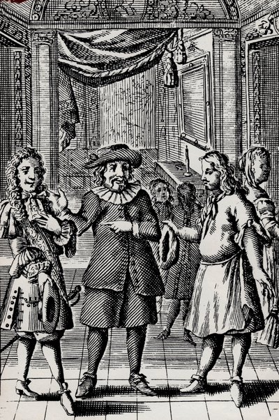 El avaro, grabado de la obra de Molière, seudónimo de Jean-Baptiste Poquelin (1622-1673) - Escena de la obra L