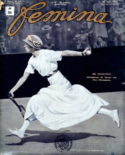 Miss Broquedis, campeona olímpica de tenis, portada de Femina, número 278, 15 de agosto de 1912 (foto coloreada) de French School